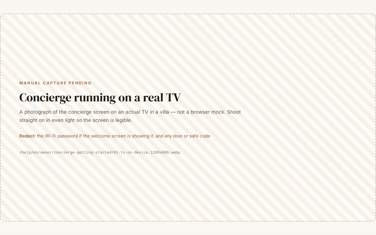 The Bukavilla concierge welcome screen running on a wall-mounted TV in a villa living room